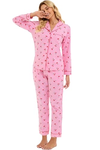 Image of LUBOT 100% Cotton Pajamas for Women Pajama Set 2 Piece PJ Sleepwear Set Soft Ladies Button Knit Long Sleeve Loungewear XS-XXL