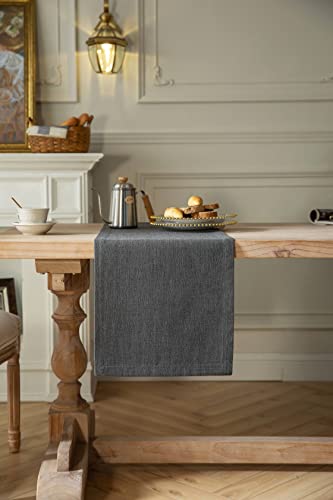 Image of ZeeMart Burlap Style Farmhouse Table Runner, 14x90 Inches Graphite Grey | Thick Durable Fabric, Mitered Corner Design, Rustic Woven Dining Table Runner, Machine Washable Everyday Table Scarf