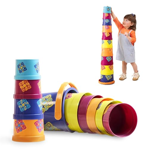 B toys by - wiaderka Bazillion - 10 kolorowych kubków do układania w stosy dla dzieci 18 m +