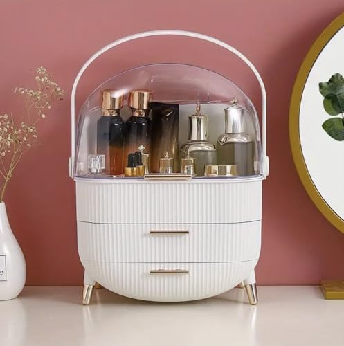 Genérico Organizador de Maquillaje y Cosméticos Blanco con 2 Cajones y Tapa Protectora, Base Antideslizante, Asa Giratoria 270°