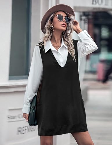 Image of HOTOUCH Women Sweater Vest Oversized V Neck Sleeveless Knit Pullover Ribbed Vest Dress with Pockets
