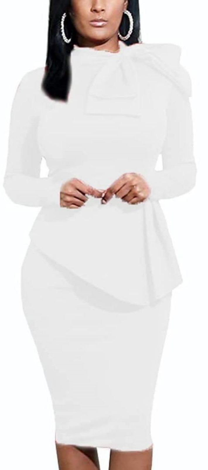 Women's Peplum Bodycon Long Sleeve Wear to Work Dresses Bow Party Club Ruffle Formal Cocktail Pencil Dress Large White