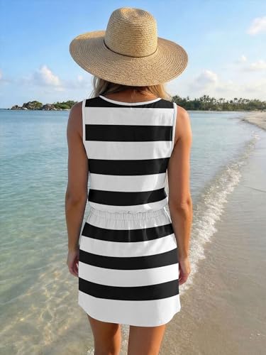 Image of SAUKOLE Womens Summer Causal Loose Sleeveless Crew Neck Drawstring Waist Mini Short Dress with Pockets