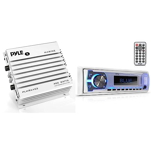 Image of Pyle Hydra Marine Amplifier + Pyle Marine Bluetooth Stereo Radio | 400 Watt 4 Channel Audio Amplifier and 12v Single DIN Style Boat in Dash Radio Receiver System
