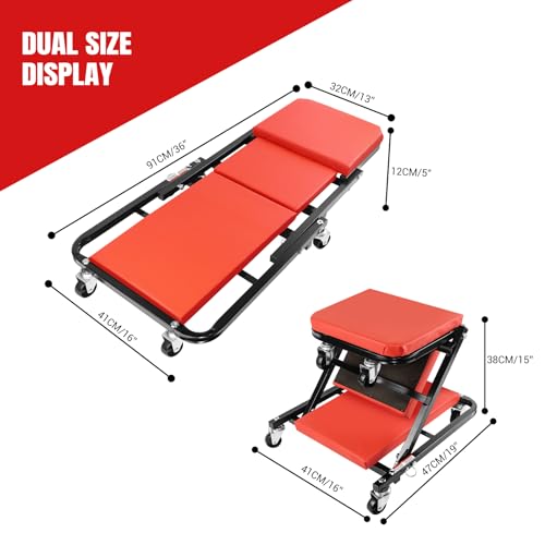 Red Folding Car Creeper Seat, Lay Down or Sit Stable, Heavy Duty Folding Mechanics Car Creeper with 6 360° Rotatable Rolling Wheels, Durable Garage Workshop Stool for Under Car Repair Tool - Image 2