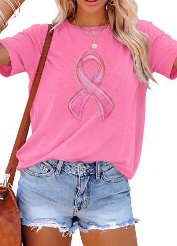 Image of Breast Cancer Shirts for Women Pink Ribbon Shirt Breast Cancer Survivor Tee | Pink Breast Cancer Shirt In October We Wear Pink Tee Breast Cancer Awareness Shirts Halloween Ghost Graphic Short Sleeve Top