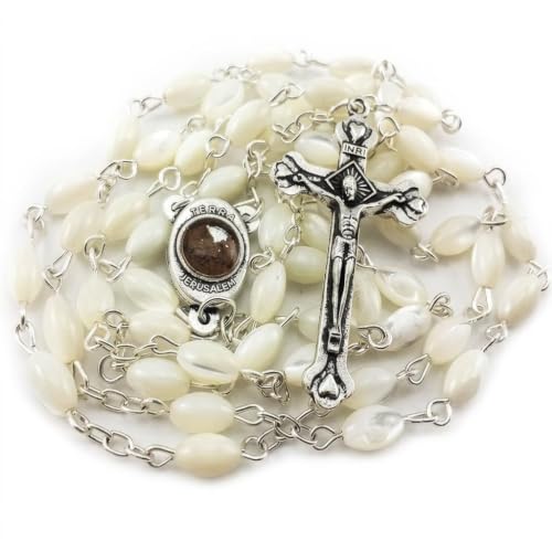 Nazareth Store Mother of Pearl Catholic Rosary Necklace with 6-7mm Nacre Beads Jerusalem Holy Soil Medal Oxidized Silver-Plated Crucifix 20 Inch Five Decade Prayer Beads