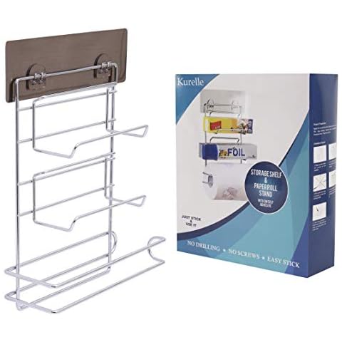 Kitchen Roll Holder - (H32 x W7.8 x D23cm) 3 in 1 Self Adhesive Wall Mount Storage Rack for Kitchen - Cling Film Wrap - No Drilling and Screws - Easy to Fix Bathroom Tissue Roll Hanger with Shelf Cover