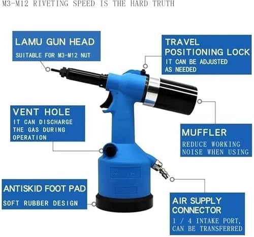 Kit de herramientas de tuerca remache neumática de alta resistencia, pistola remachadora automática con 6 boquillas, tensión de trabajo de 19,1 kN para un fácil remachado