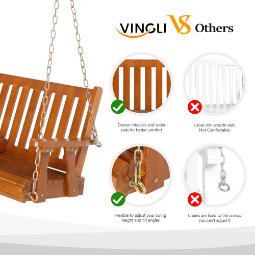 Image of VINGLI Heavy Duty 880 LBS Wooden Patio Porch Swing with Cup Holder, 5 FT Well-Finished Outdoor Swing Chair Bench with Adjustable Chains for Porch, Yard, Balcony, Tree