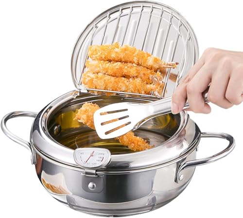 Stainless Steel Deep Fryer, Japanese Style Fryer Tempura Deep Fryer with Thermometer and Drip Drain Rack, Induction Cooker Compatible(24cm)