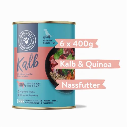 Pets Deli Classic Nassfutter für Hunde mit Kalb, Quinoa & Spinat, 6x400g