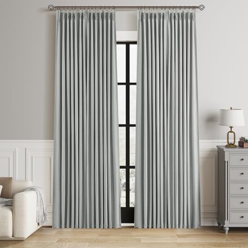 Aersas Light Grey 100% Blackout Linen Curtains 84 Inches Long for Bedroom Pinch Pleated Black Out Curtain Lined 2 Layers Pinch Pleat Noise Reducing Neutral Modern Living Room Darkening Window Drapes