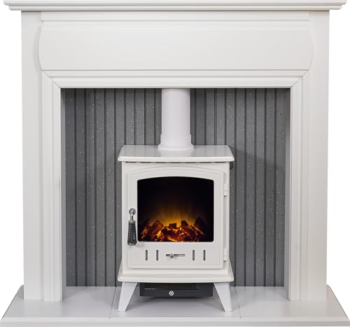 Image of Adam Florence Stove Fireplace in Pure White with Aviemore Electric Stove in Grey Enamel, 48 Inch