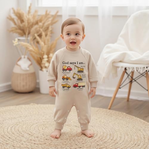 Newborn Baby Boy Romper God Says I Am Construction Truck Long Sleeve Jumpsuit Sweatshirt Infant Fall Outfit2