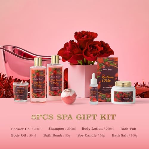 Christmas Gifts for Women, spa kit Gifts for Her Mother's Day Bath Spa Gift Set Red Rose & Tulip Spa Basket Kits for Women, Contains Body Oil, Body Lotion, Salt, self care baskets Mother's Day Gift