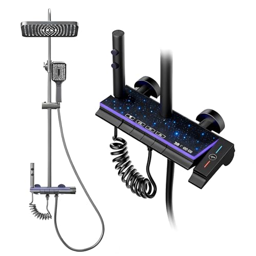 STANEW Colonne de Douche Titane avec Tête Carrée,Colonne de Douche 4 Jets, Affichage LED Ciel étoilé,Douchette à Main Avec 3 Types de Modes,Hauteur Réglable (Noir(Amélioré))