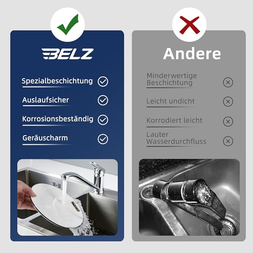 BELZ Küchenarmatur Wasserhahn, 360° Drehbare Einhebelmischer Mischbatterie, mit Keramikkartusche & 60cm Schlauch (Messing Chrom)