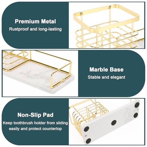Image of Toothbrush Holder, Luxurious Metal Toothbrush Toothpaste Holder with Marble Base for Bathroom, Multi-Slots Openwork Design, Bathroom Accessory for Storage and Organizer (Large, Gold)