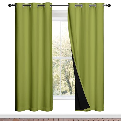 Image of NICETOWN 100% Blackout Window Curtain Panels, Fresh Green, 2 Pieces, 42-inch Wide Per Panel, Full Light Blocking Drapes with Black Liner for Nursery, 72-inch Drop Thermal Insulated Draperies