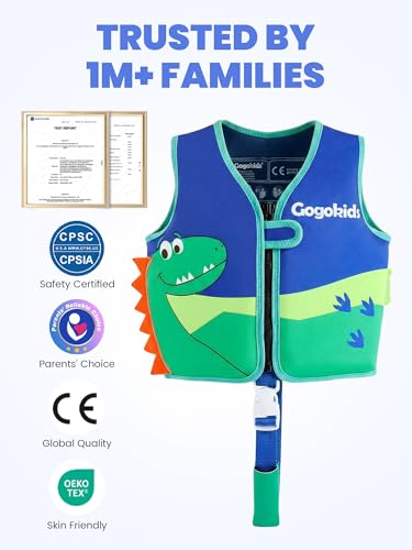 Gogokids Toddler Swim Vest Pool Floaties for Kids 1-2-3-5-7-9 Yrs, Neoprene Kids Swimming Jacket w/Adjustable Safety Strap & Zip, Toddler Float Jacket 33-66lbs for Beach Puddle Pool Boys Girls Niños — view 2
