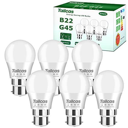 Tailcas Bayonet Light Bulb, 5W 6000K Cool White (Equivalent to 40W /50W), B22 (G45) Led Bulbs for Chandelier Bedroom Living Room, Non-dimmable, 6-Pack