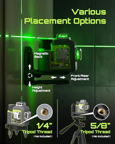 Image of 3D-RS12 Laser Level 3x360 Green Beam for Construction and Picture Hanging, Self-Leveling 3D Laser with 2 Rechargeable 11.1V Batteries (24 Hrs), Magnetic Liftable Stand, Type-C Cable