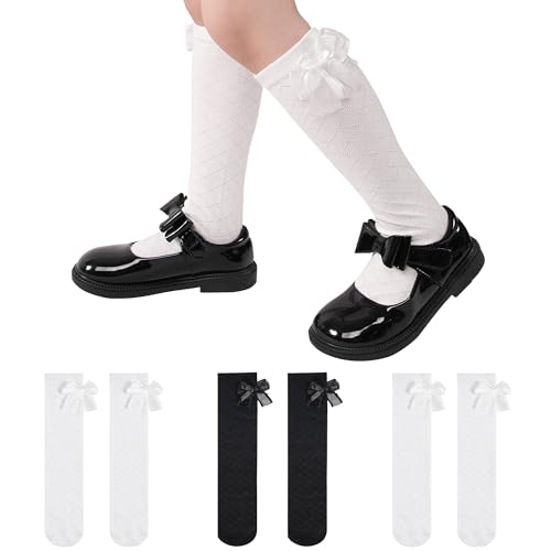 LAETBBE 3 Pack Girls Knee High Socks with Bows Cotton School Uniform Long Socks Kids Over the Calf Sock 8-12 Years