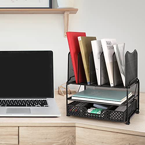 Ekisemio 2 Tier Desk File Organizer, Letter Tray Paper Organizer With Drawer For Office, Black #TOP5