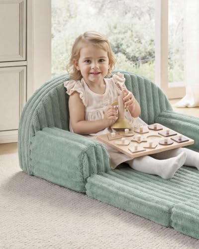 Image of Blissful Diary Foldable Kids Couch, 2-in-1 Comfy Kids Chair for Reading, Playroom, Kids Couch Sofa for Girls Boys Birthday Gift, Sage Green
