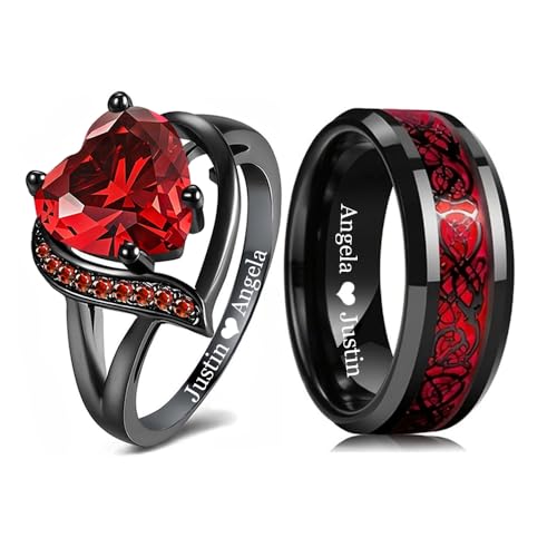 LAxto Custom Engraved Couple Promise Rings Set - Matching Wedding Rings for Him and Her - Celtic Dragon Tungsten & Ruby (Red-Couples)