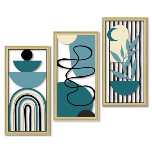 Putuo Decor Boho Wall Art Set of 3 Modern Minimalist Wooden Wall Decor Abstract Geometric Room Decorations Mid Century Artwork for Living Room Bedroom Office in Blue Tones 16.5 x 8.6 Inch