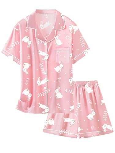 Schbbbta Womens Silk Pajamas Set Satin Easter Short Sleeve Button-up Sleepwear 2 Piece Pjs Set, Pink Rabbit, X-Small