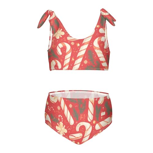 KLL Christmas Candy Cane Mistletoe Pattern Girls Two Piece Bikini Set Quick-Dry Swimsuit Swimming Suits Adjustable Strap