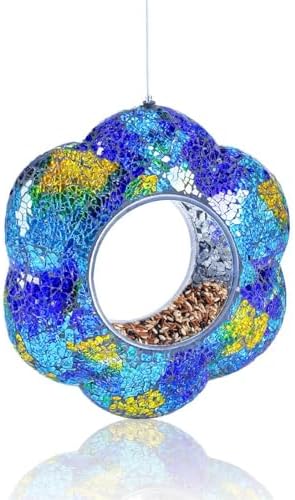 Ornamental Bird Feeders That Will Transform Your Garden Experience 6 VOREEN Mosaic Bird Feeder, Fly Through Bird Feeders for Outdoor Hanging, Handmade Glass Wild Bird Feeder, for Garden Yard Backyard Deck and Porch, Gift for Mom Wife Friend, Blue Flower, 8"