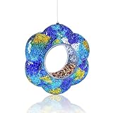 VOREEN Mosaic Bird Feeder, Fly Through Bird Feeders for Outdoor Hanging, Handmade Glass Wild Bird Feeder, for Garden Yard Backyard Deck and Porch, Gift for Mom Wife Friend, Blue Flower, 8'