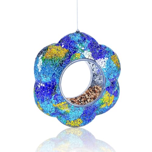 VOREEN Mosaic Bird Feeder, Fly Through Bird Feeders for Outdoor Hanging, Handmade Glass Wild Bird Feeder, for Garden Yard Backyard Deck and Porch, Gift for Mom Wife Friend, Blue Flower, 8'