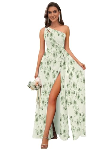 Image of OFEECHUN Women's Chiffon One Shoulder Bridesmaid Dresses Long Pleated Formal Evening Gowns with Slit