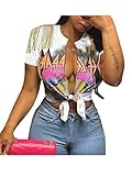 Women's Graphic Print Low Cut V Neck Open Front Crop Top Sexy Tie Knot Short Sleeve Tee Top White S