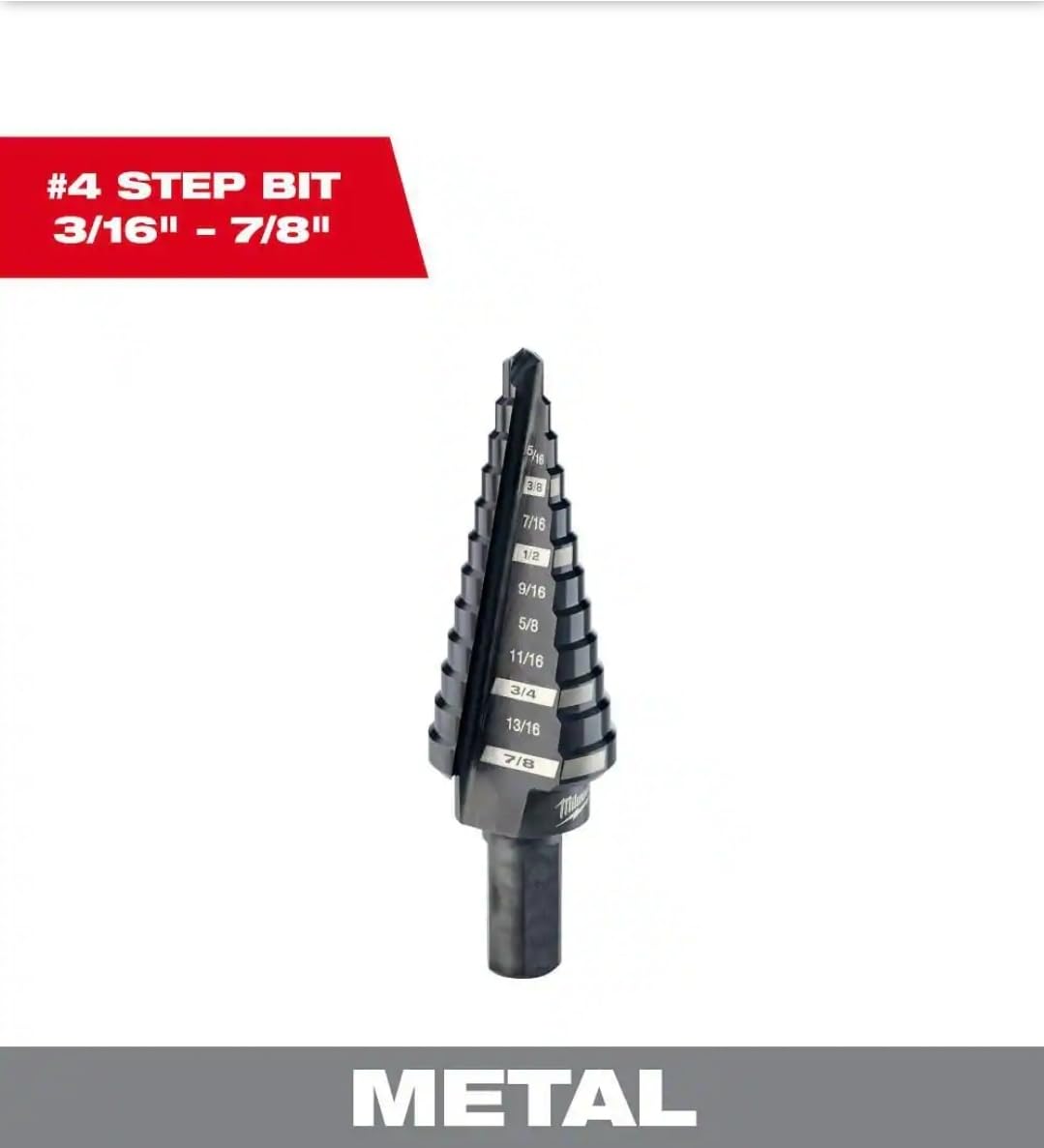 Milwaukee #4 Step Drill Bit, Black Oxide, 3/16 in. to 7/8 in., 12-Steps, Jam-Free, Metal Drilling
