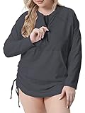 Halcurt Women's Plus Size Modest Swim Top Rash Guards Ruched Pouch Sun Shirt 3X Gray