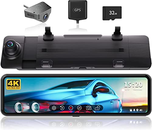 REDTIGER Rear View Mirror Camera 11in UHD 4K Front and 1080P Rear View Mirror Dual Cameras for Cars, GPS, Parking Monitor, Night Vision, 32 GB Card