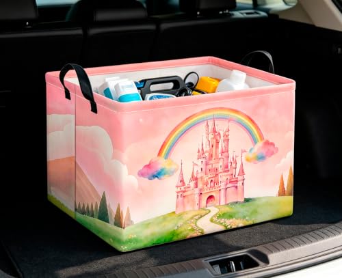 Image of CLOCOR Rectangular Storage Basket Empty,Gift Basket,Waterproof Storage Bin with Handles,Room Decor(Pink Castle)