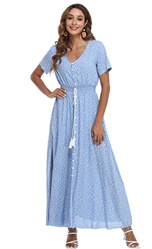 Image of VintageClothing Women's Floral Maxi Dresses Boho Button Up Split Summer Casual Long Dress Beach Party Dress