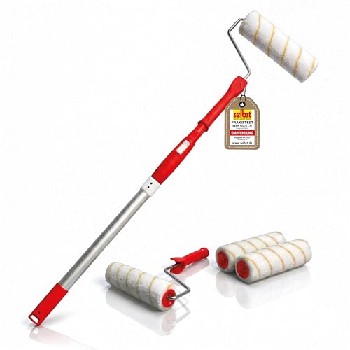 mako Teleskoproller-Set EASYREACH 7-teiliges Set ausziehbarer Alustiel (108175 cm Universalkonus) 4 x Antitropf-Malerwalze & 2x ergonomischer Bügel für Decken & hohe Wände