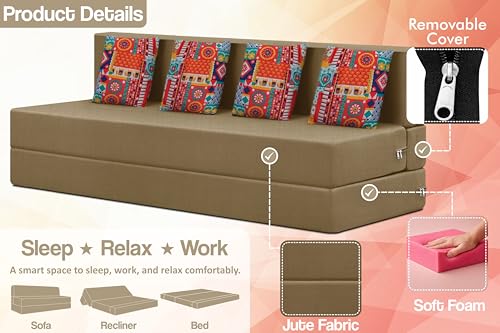 Image of Rosebell Four Seater Foldable Sofa Cum Bed (6x6 Feet) ? Jute Fabric, Washable Removable Cover, Includes Cushion | Space Saving Convertible Sofa Bed for Home, Office & Guests - Golden