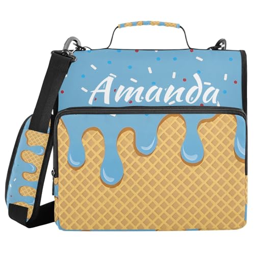 Image of Custom 3 Ring Zipper Binder Blue Ice Cream Personalized Name 1.5 inch Binders Large Capacity Multi Pockets for School Office Supplies