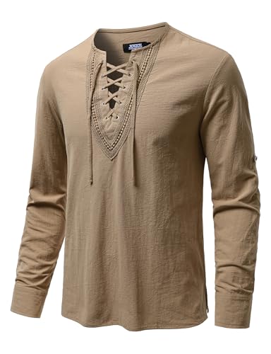 Image of JOGAL Mens Renaissance Shirt Medieval Pirate Viking Halloween Costume Gothic Steampunk Retro Long Sleeve Lace Up Shirts