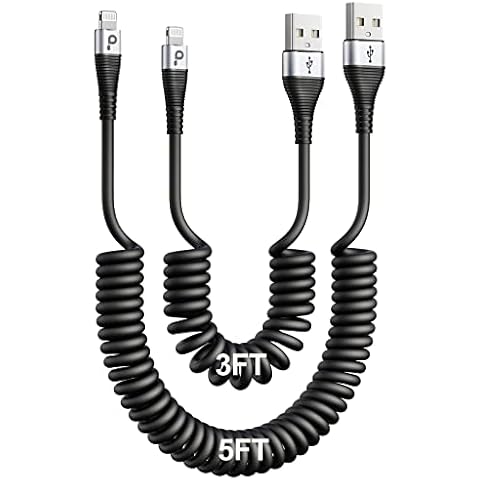iPhone Charger Cable for Car (3FT/5FT), 2Pack Coiled Lightning Cable, [Apple MFi Certified] Retractable Charging Cord Compatible with iPhone 14/13/12/11 Pro Max/XS MAX/XR/XS/8/iPad/iPod/CarPlay Cover