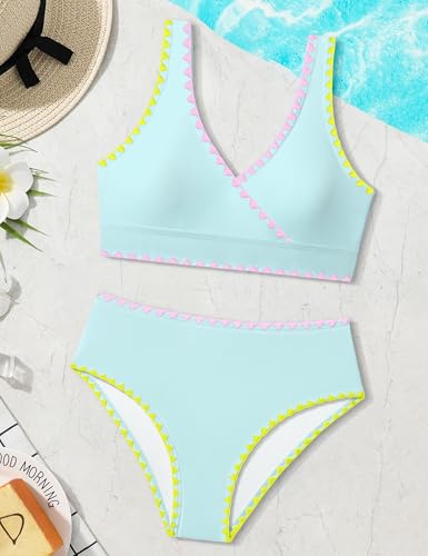 Image of KANGKANG Girls Swimsuit Bikini Set Solid Color V-Neck Two Piece Bathing Suit with Chest Pad Adjustable Straps Swimwear 7-16T